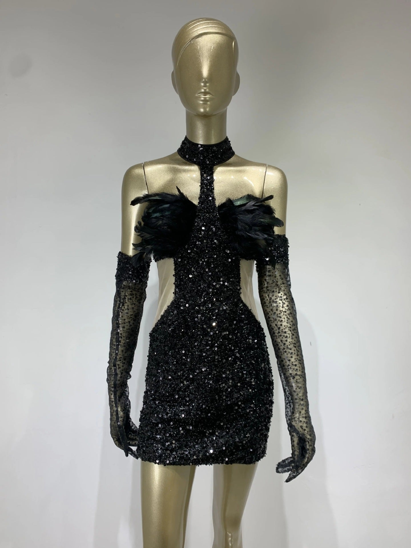 Halter Feather Sequins Short Hip Skirt Dress with Gloves