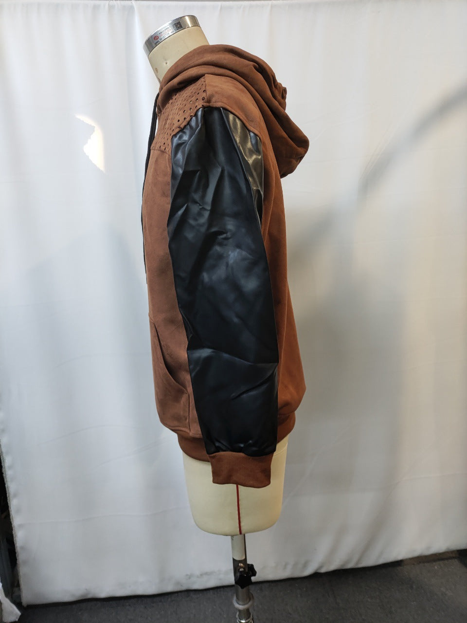 Men's Retro Brown Leather Decorative Perforated Hooded Casual Sweatshirt