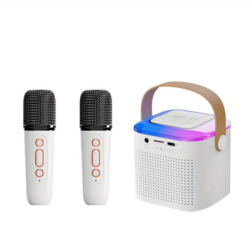 Microphone Karaoke Machine Bluetooth Compatible Speaker with 2 Wireless Mics, RGB Light, Home Family Singing Speaker