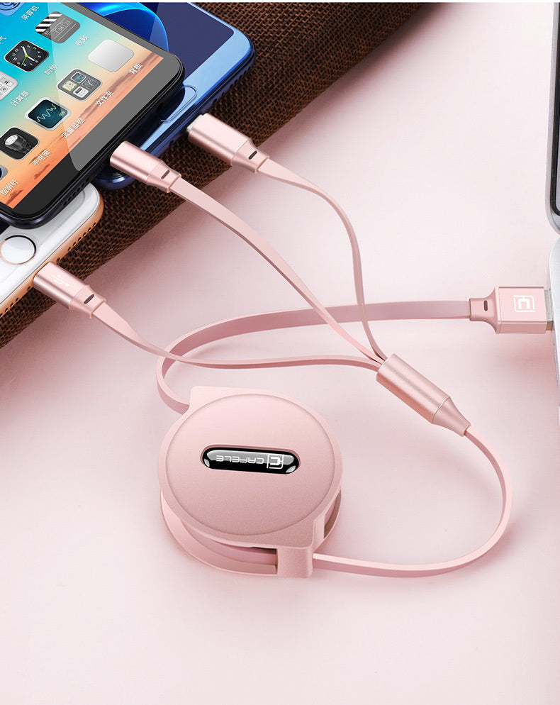 Telescopic three-in-one mobile phone charging cable, multi-function, multi-head.