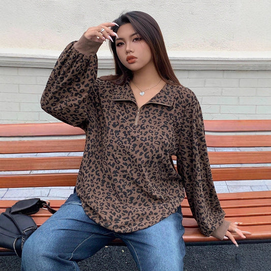 Women's Casual Leopard Print Corduroy Zip-up Long Sleeve Sweatshirt