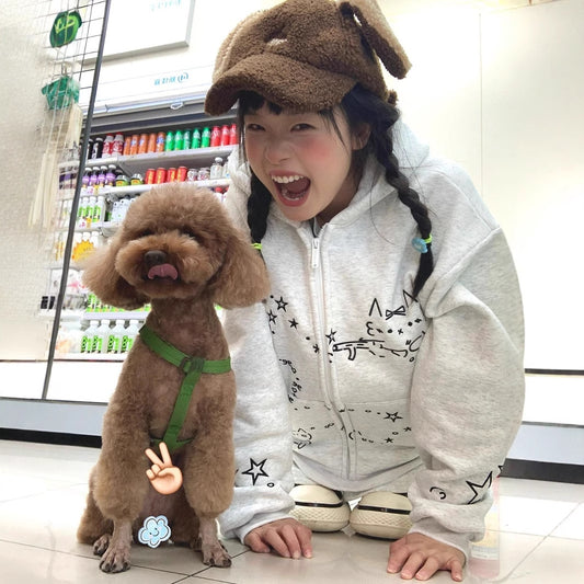 College Style Embroidered Cute Cartoon Hooded Sweatshirt for Women, Loose Fit, Casual