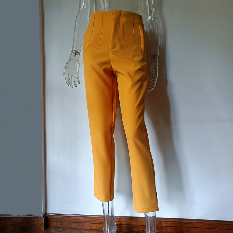 Basic Pleated Casual High Waist Pure Color Slim-fit Pants