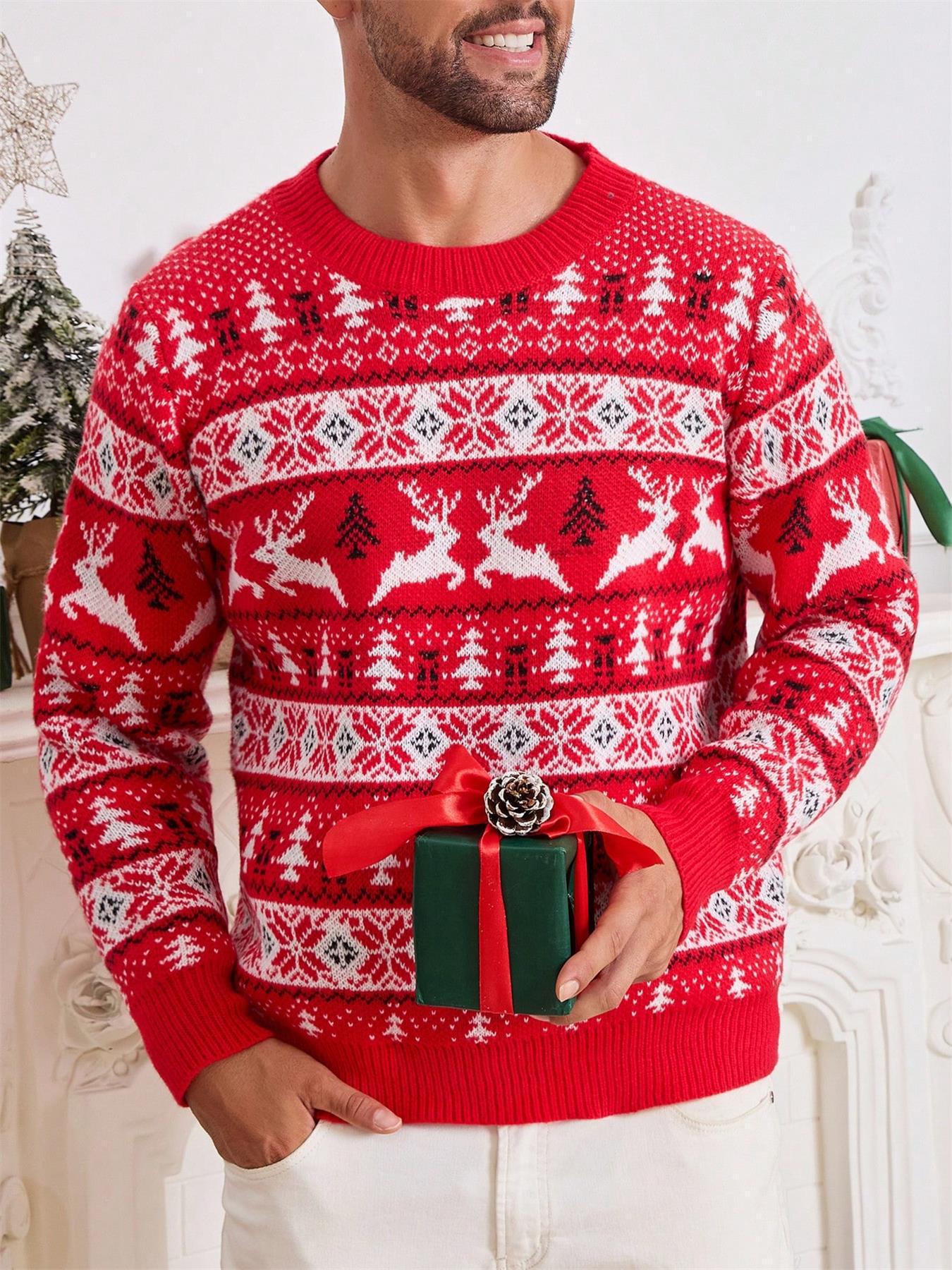 Men's Christmas Sweater, Round Neck, Loose Fit, Jacquard Knitwear