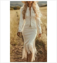 Lady's Long-Sleeved Long-Length Tassel Dress
