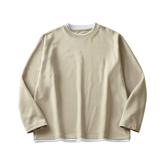 Men's Long-Sleeved Loose Round Neck Contrast Color T-Shirt