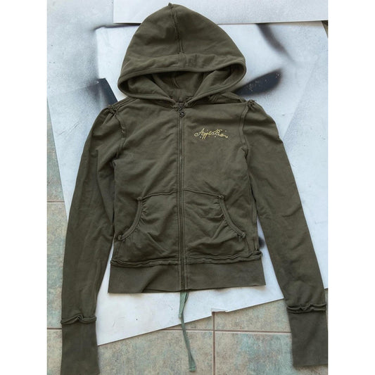Autumn American Style Vintage Design Olive Green Hooded Printed Sweater