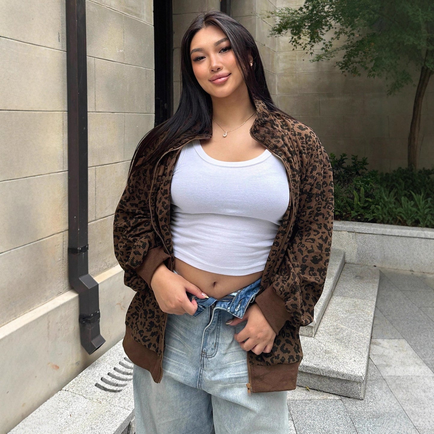 Women's Casual Leopard Print Corduroy Zip-up Long Sleeve Sweatshirt