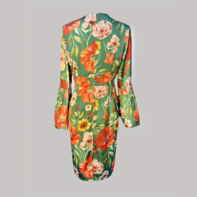 Women's Floral Print Round Neck Bodycon Dress Vibrant Red & Green Fit Flare Summer Dress With Bell Sleeves