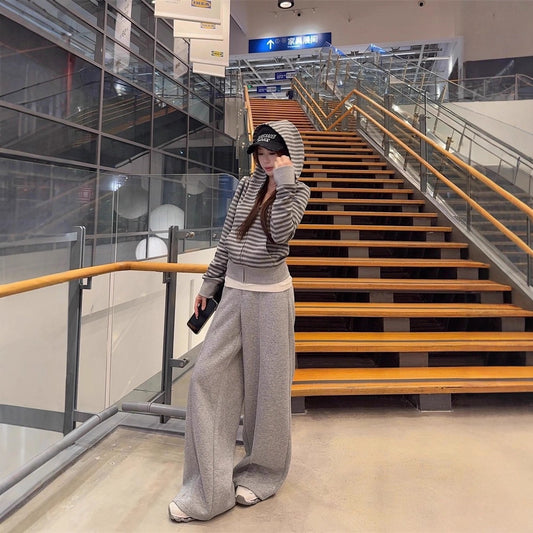 Gray Striped Hooded Sweater Women's Loose Casual