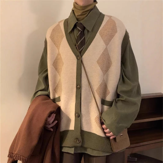 Rhombus V-neck Vest Sweater Cardigan for Men