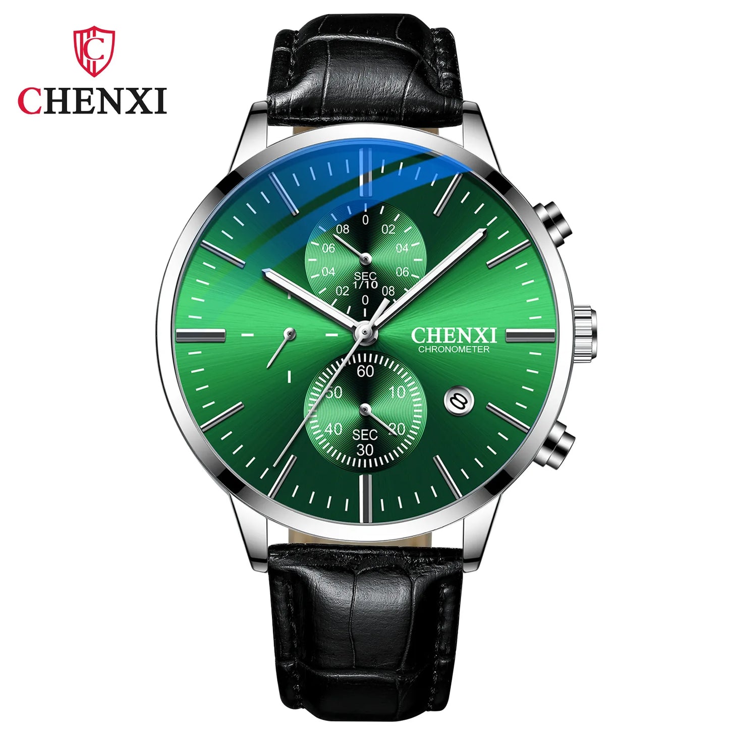 CHENXI Multi-function Watch Men's Calendar Black Leather Strap Three-eye Six-pin Waterproof Luminous Chronograph Quartz Watch