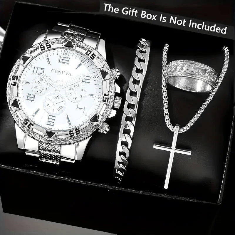 Classic Business Men's Watch Set, Quartz Round Dial Stainless Steel Strap Men's Watches, Ideal Gift Choice