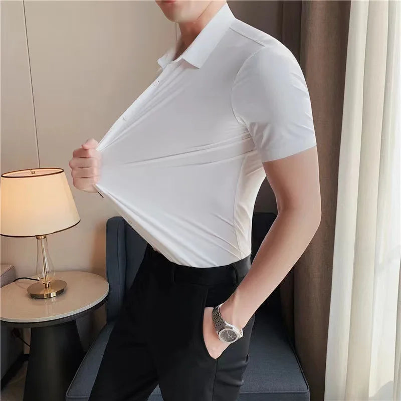 Men's Ultra Stretch Short Sleeve T-Shirt Business Casual Breathable Stretchable Abrasion-Resistant Solid Color Short Sleeve Shirt