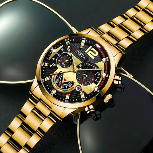 4Pcs/set Luxury Men Business Quartz Watch stainless steel Roman Calendar Wrist Watch Cross Necklace Bracelet Ring Set Men's Gift