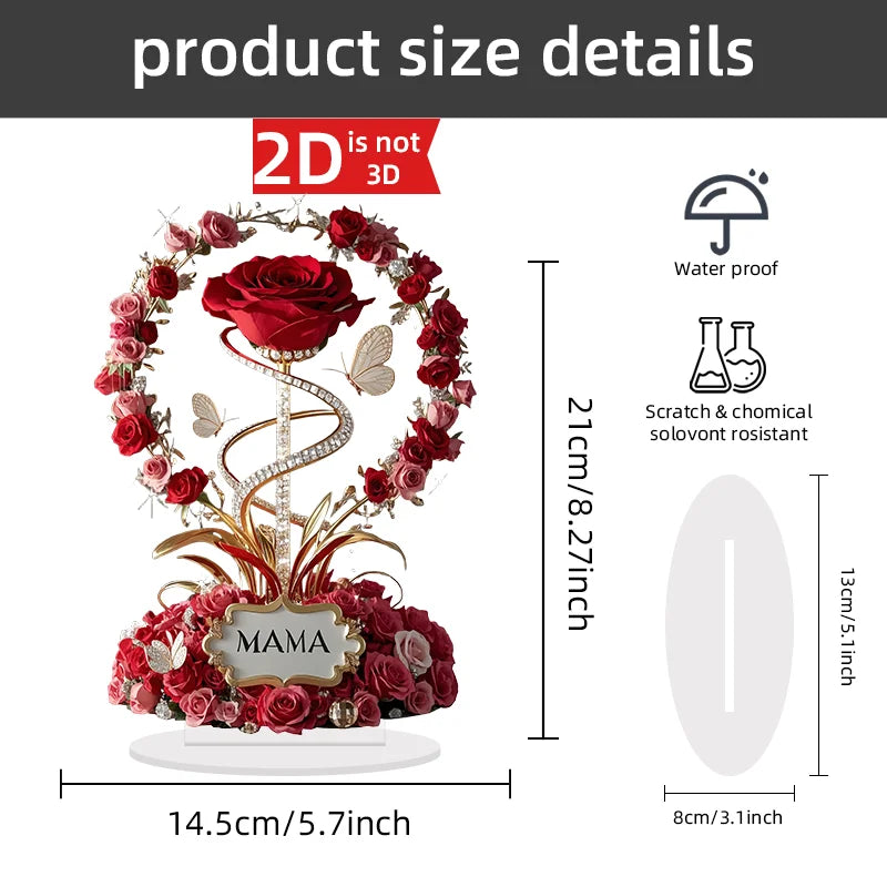 2D acrylic ornament, red rose, mother pattern, flat, elegant table decoration, branch, child, for mother, gifts.