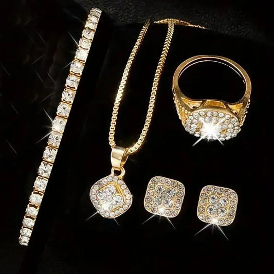6pcs Luxury Rhinestone Women Quartz Watch With Rhinestone Bracelet Necklace Ring And Earrings Fashion Jewelry Set For Daily Wear