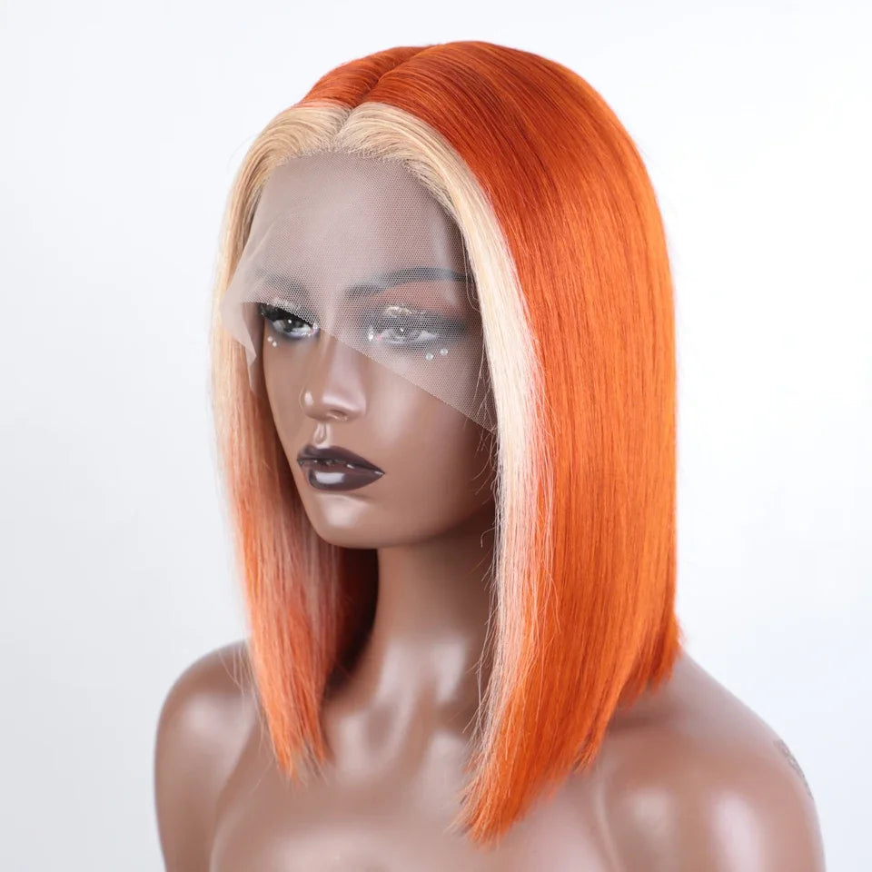 Ombre Straight Bob 13x6X2 Lace Front Wigs Human Hair Short Bob Wigs Ash Blonde Remy Hair Pre Plucked Glueless Wig with Bangs