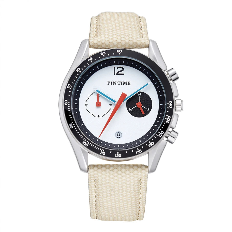 Round Sports Watch for Men Stopwatch Light Luxury Retro Leather Watch Strap Advanced Genuine Quartz Watch Waterproof Men's Watch