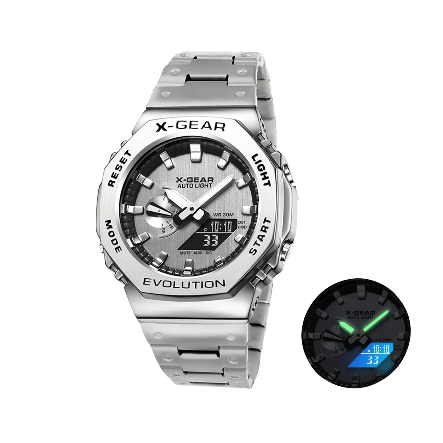 X-GEAR Digital Sports Electronic Unisex Watch Dual Display Full Function LED Alloy Large Time Steel Strap