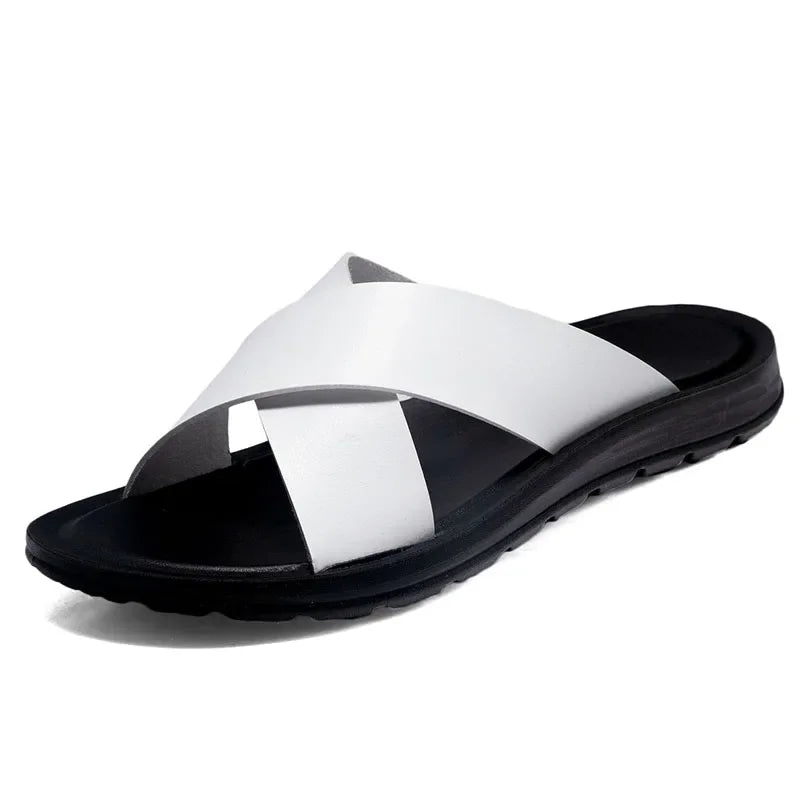 Men Shoes New Summer Shoes Italian Leather Slippers Men High Quality Size 38-47 Beach Slip on Flats Man Flip Flops Mens Sandals
