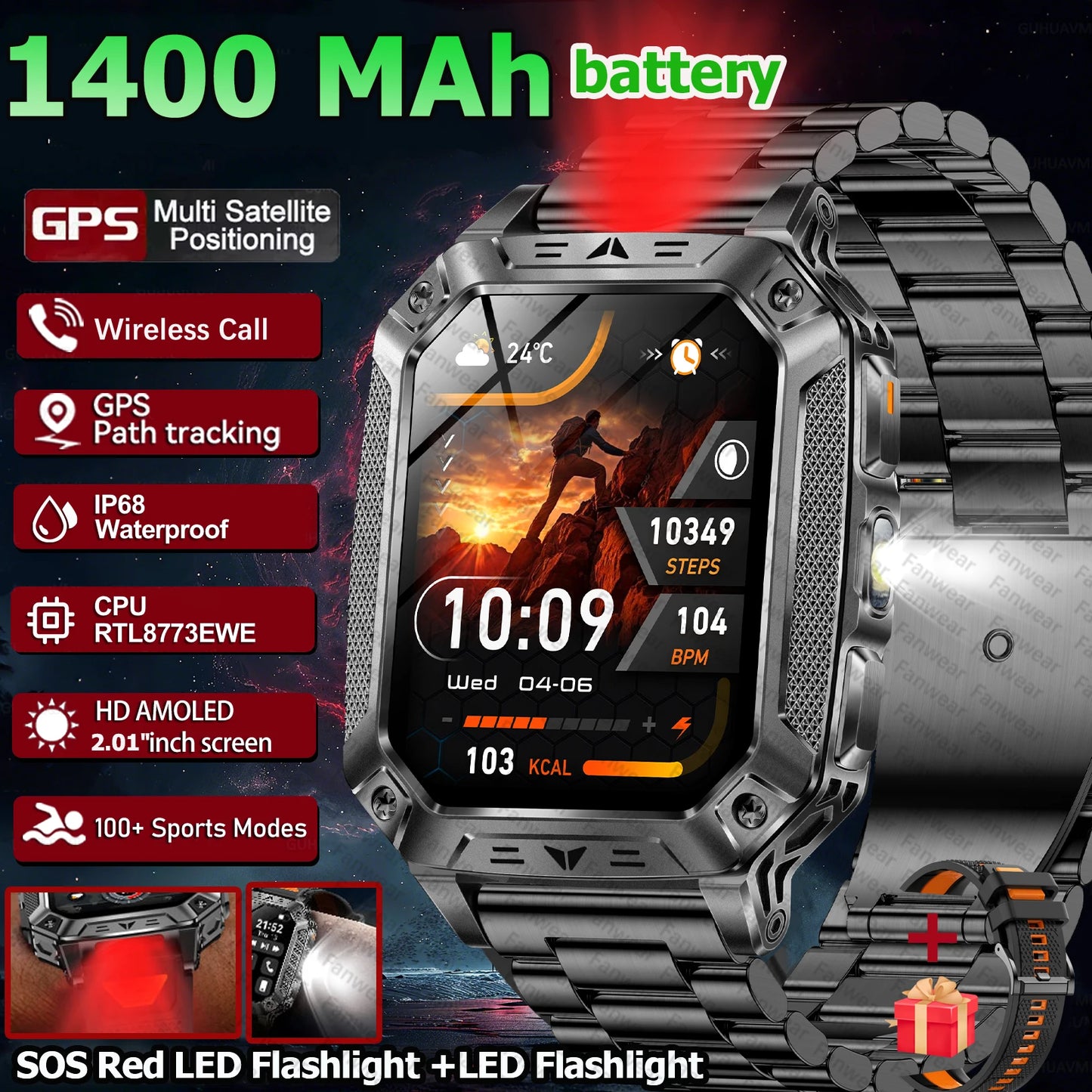 Robust military smart watch 1400Mah battery fitness tracking 10ATM waterproof tactical sports flashlight men's phone watch