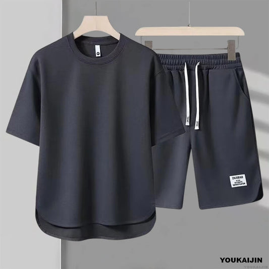 Men's New Waffle Summer Suit 2025 Korean Casual T-shirt + Shorts Suit Men's Tracksuit Solid Color Tracksuit Loose Suit