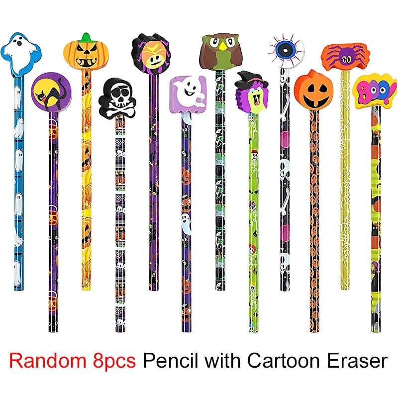 12-36 pcs Halloween Style Pencils Random Design HB Pencil Cartoon Eraser Halloween Themed Stationery Students Gift Boys Girls ZYF