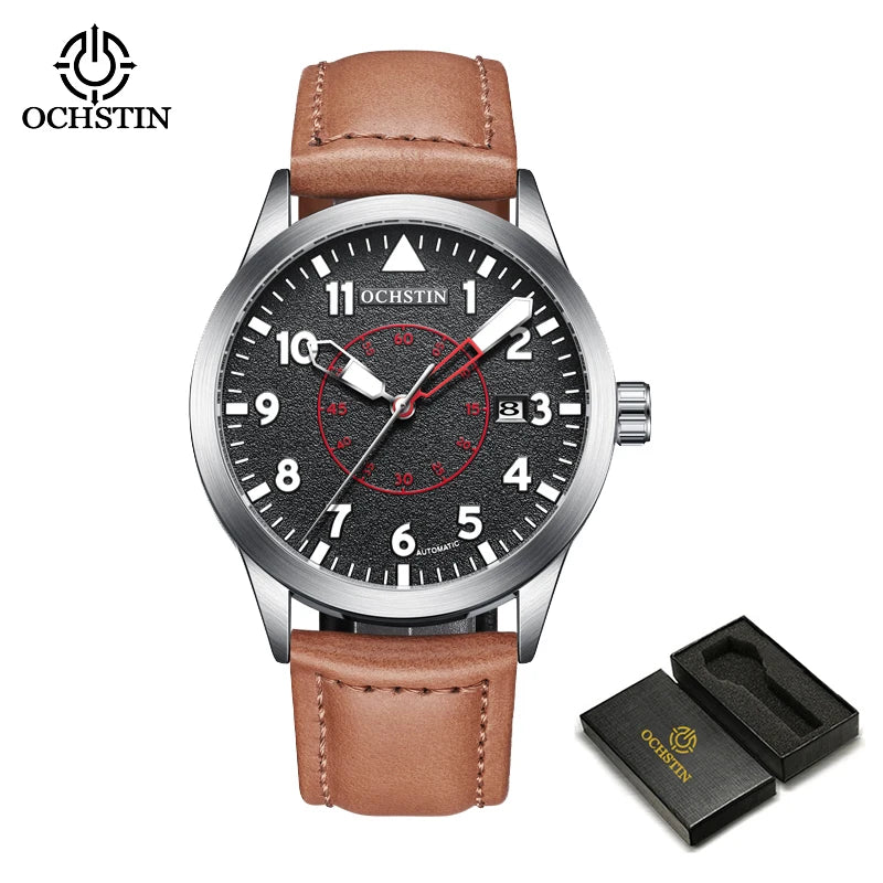 OCHSTIN Men Automatic Mechanical Movement Watch Leather Strap Nylon Male Clock Fashion Waterproof for Men Gift Wirstwatches
