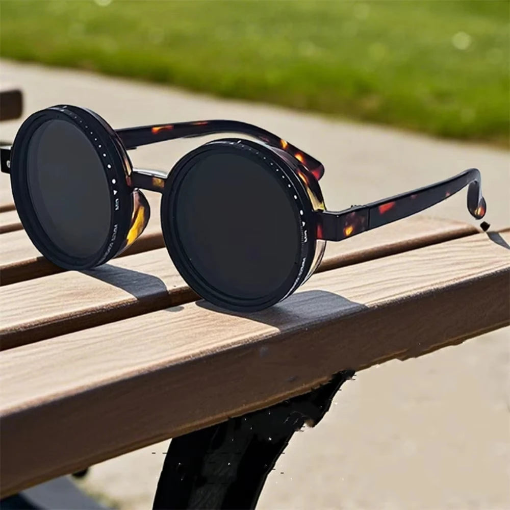 ND9 Retro Punk Round Adjustable Darkening Sunglasses for Men, Outdoor Fishing, UV400 Polarized Driving Glasses