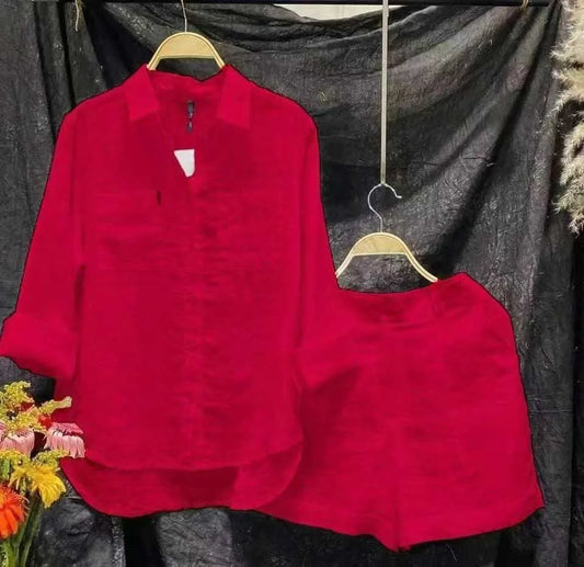 Fashion White Long Sleeve Women Shirts And Shorts Two Piece Sets 2024 Summer Pocket Casual Home 2 Piece Set For Women Outfit
