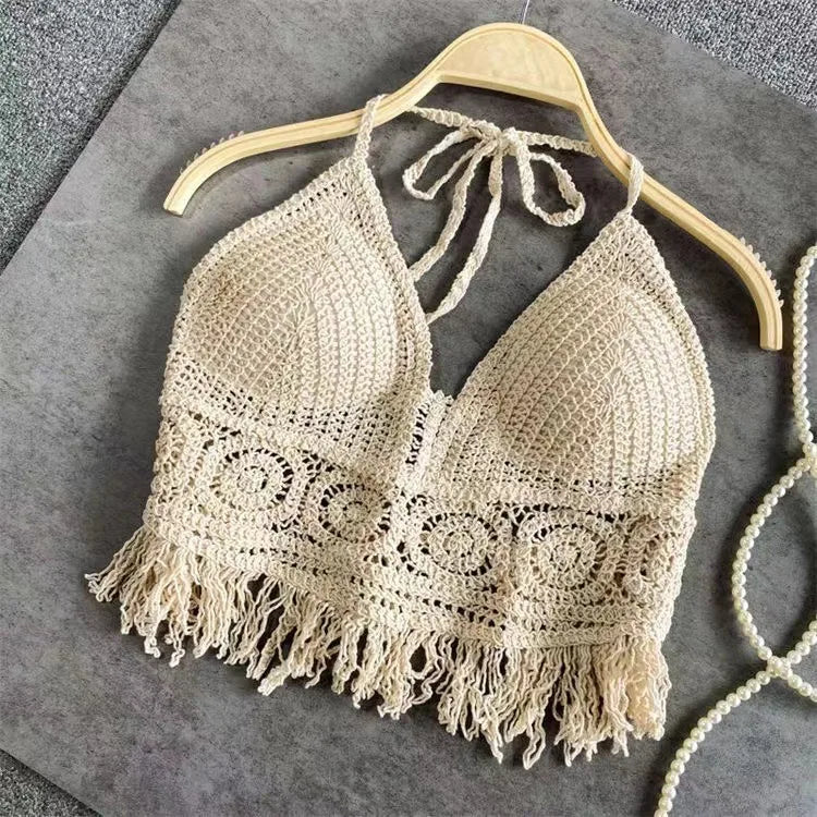 Women Beach Crop Tops Hollow Cover-Ups Perspective Tassel Sexy Spaghetti Strap Tank Tops Built In Bra Backlless Halter Neck