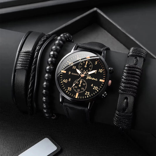 4PCS Men's Business Watches Fashion Leather Band Analog Quartz Watch with Woven Bracelets Set(Without Box)