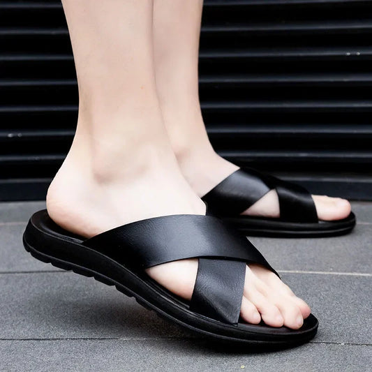 Men Shoes New Summer Shoes Italian Leather Slippers Men High Quality Size 38-47 Beach Slip on Flats Man Flip Flops Mens Sandals