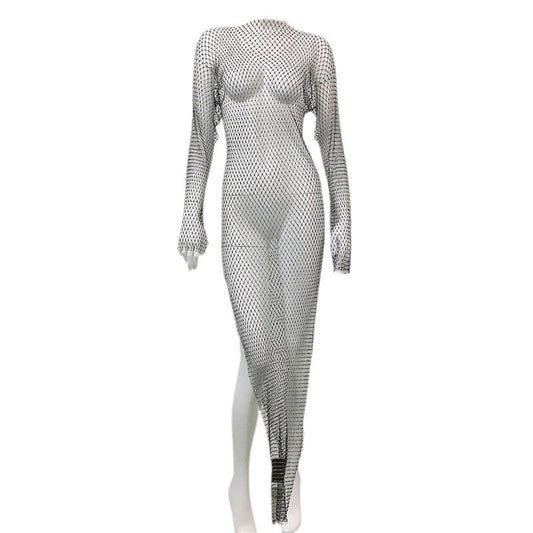 Women's Rhinestone Fishnet Mesh Sexy Slit Fishnet Dress