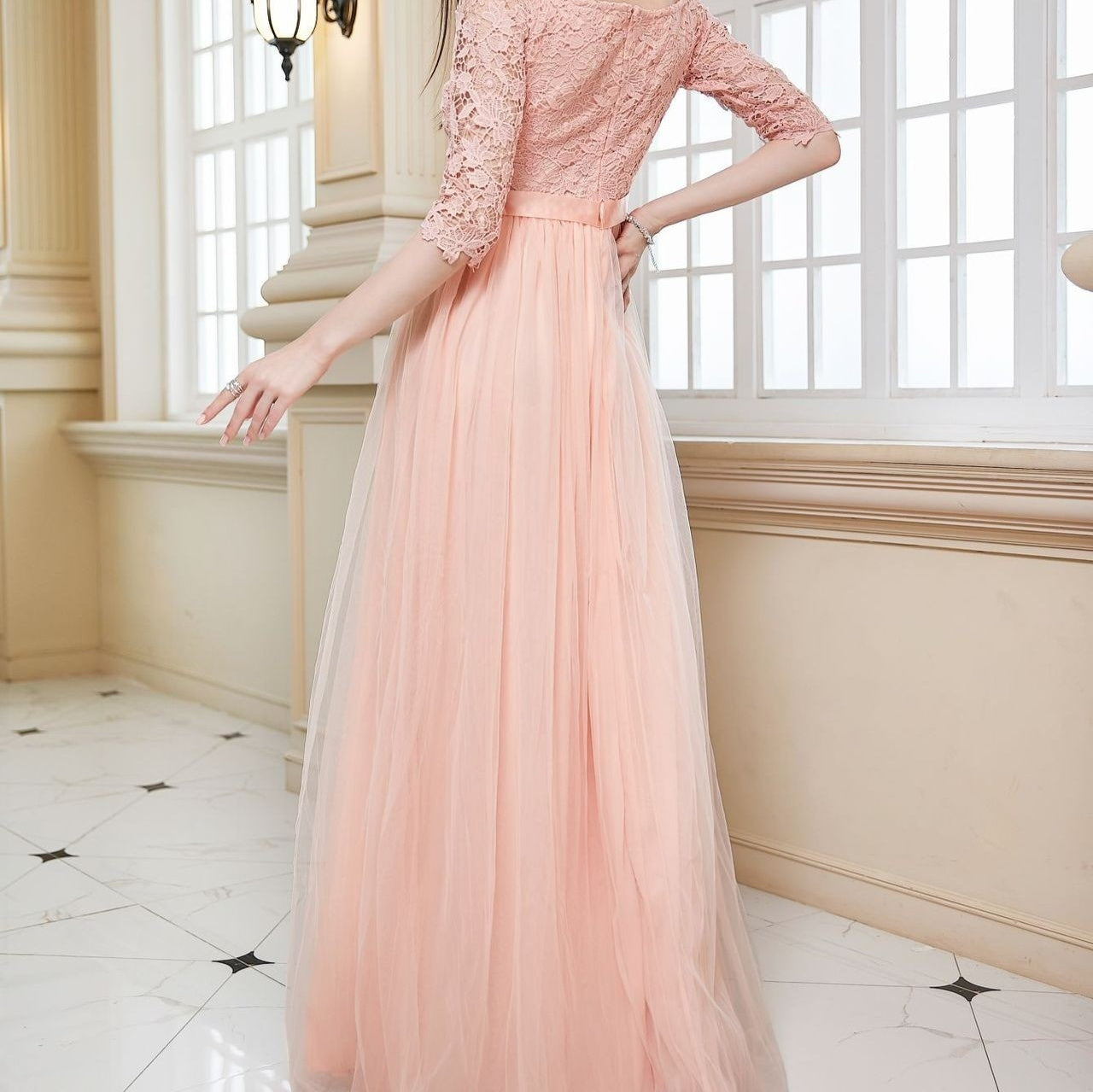 European And American V-neck Lace Off Shoulder Princess Dress