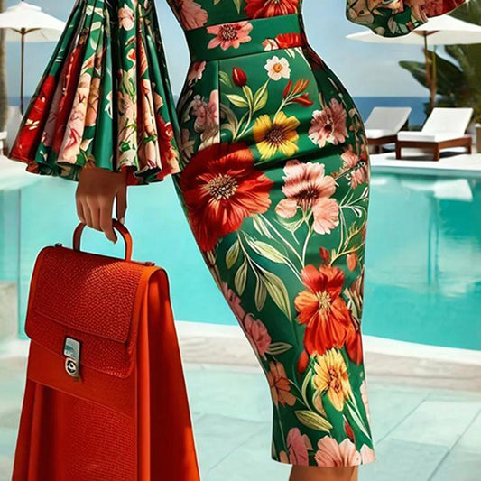 Women's Floral Print Round Neck Bodycon Dress Vibrant Red & Green Fit Flare Summer Dress With Bell Sleeves