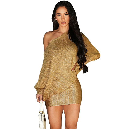 Diagonal Collar Long Sleeve Bronzing Dress European and American Style for Women