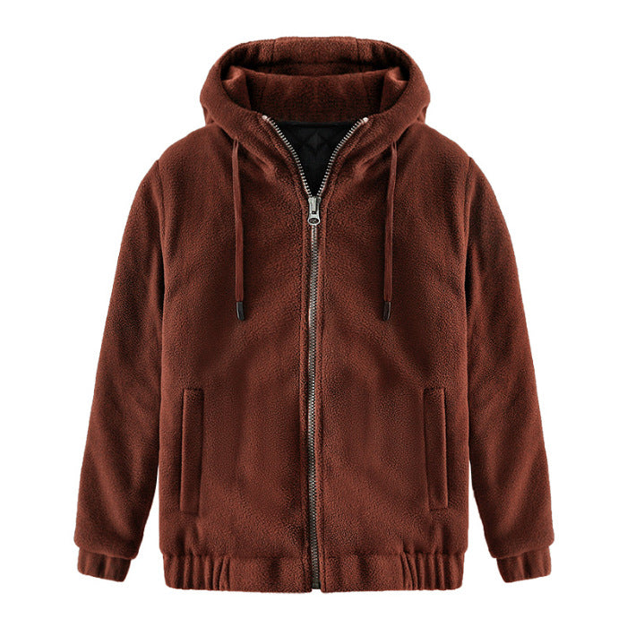 Winter Hooded Cardigan Keep Warm Pure Color Coat Thickened Fluff Sweater