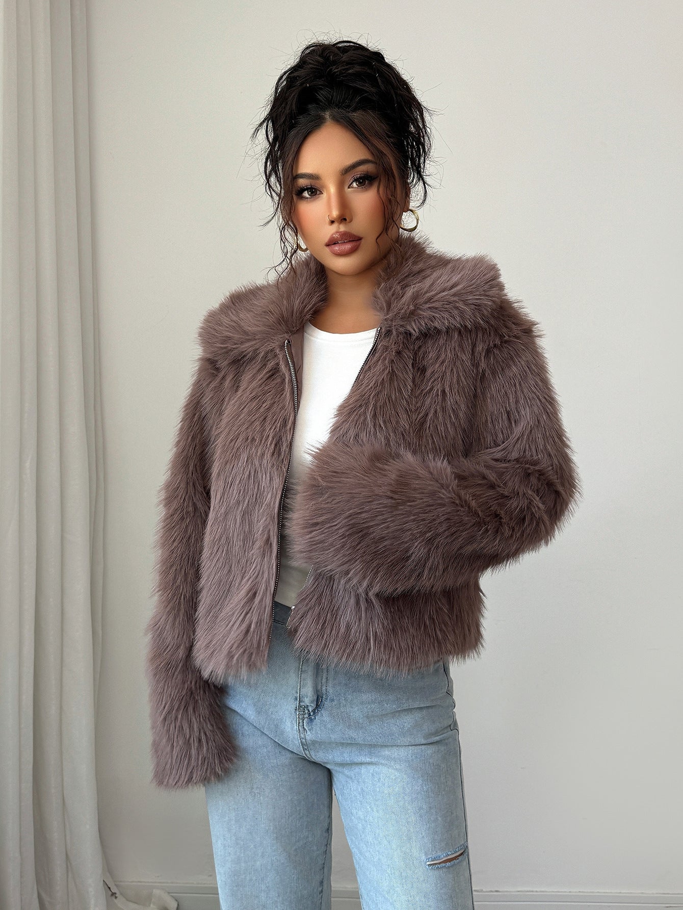 Elegant Elegant Style All-match Fluff Long-sleeved Overcoat Coat For Women