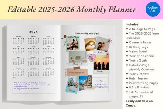 2025-2026 Monthly Planner Template: Habit Tracker, Canva Editable (PDF)