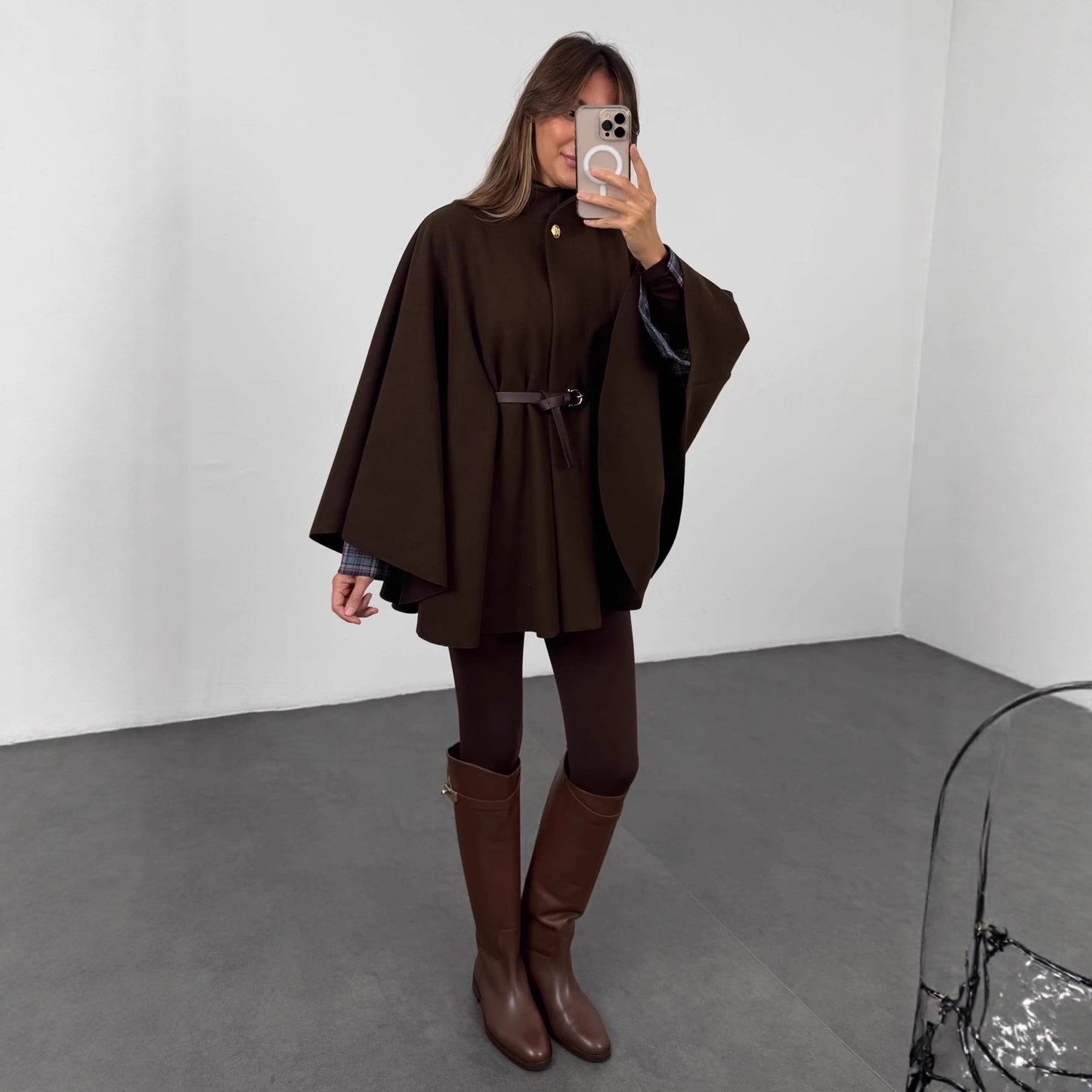 Winter Elegant Style Solid Color Waist Tight Woolen Cape Coat Medium Length