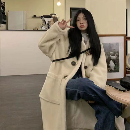 Mid-length Horn Button Lamb Wool Coat For Women