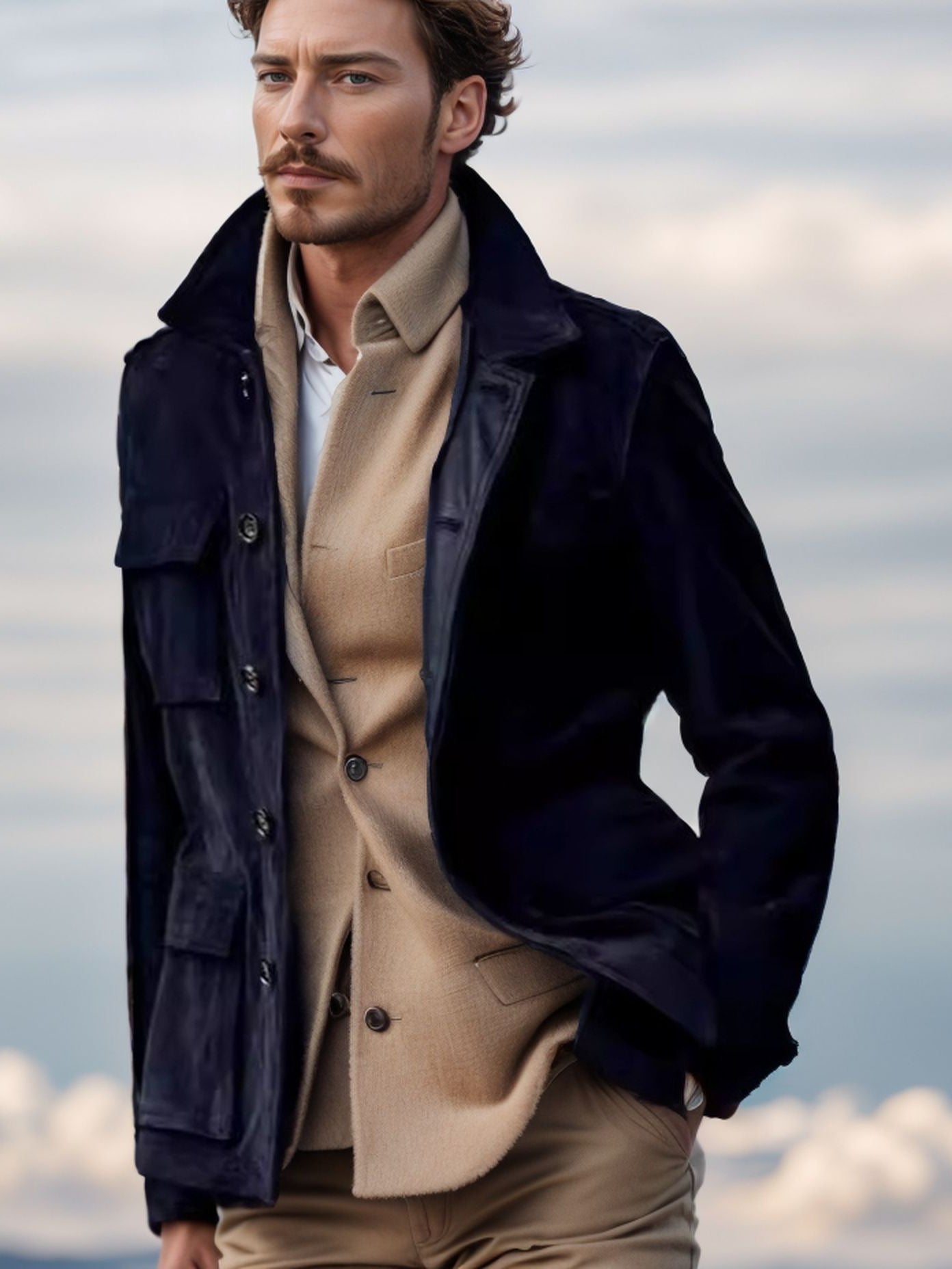 Men's Regular Cowhide Casual Coat And Trench Coat Multi-pocket