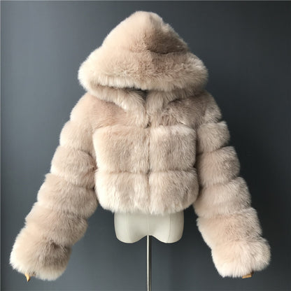 Short Hood Fox Fur Feminino Long Sleeve Stitching Coat