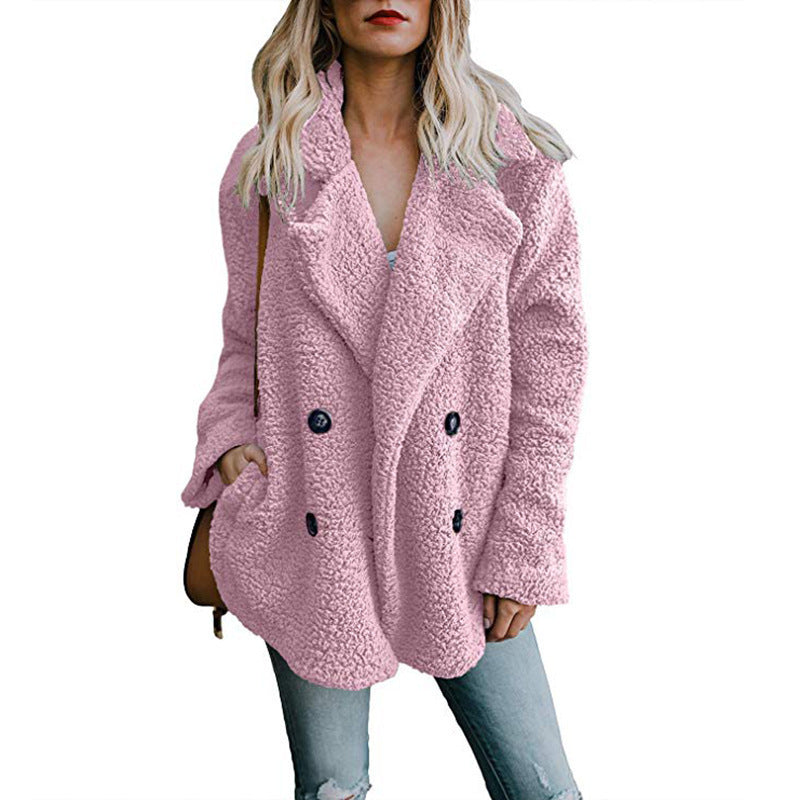 Women's Autumn And Winter Plush Button Lapels Pocket Coat