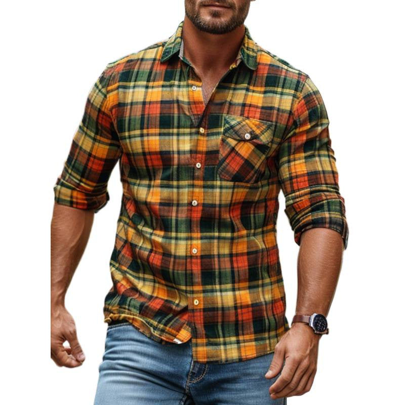 Men's Plaid Printed Fleece-lined Pocket Shirt