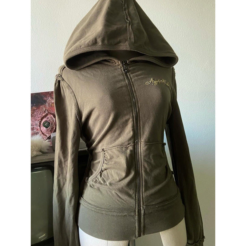 Autumn American Style Vintage Design Olive Green Hooded Printed Sweater