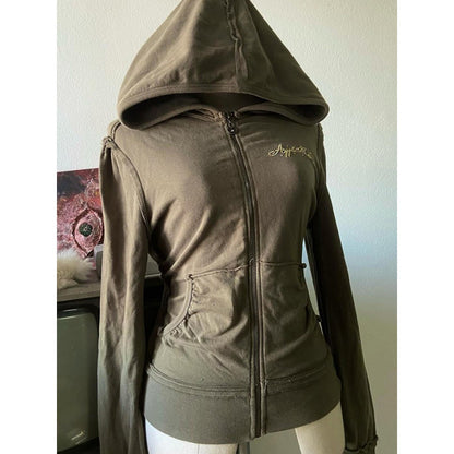 Autumn American Style Vintage Design Olive Green Hooded Printed Sweater