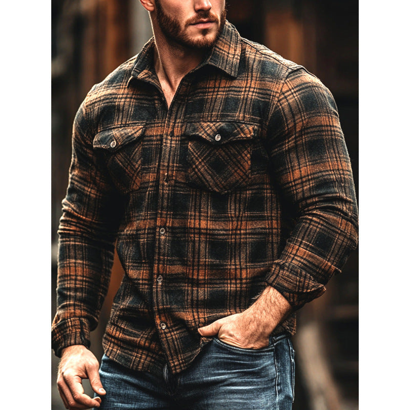 Men's Plaid Printed Fleece-lined Pocket Shirt